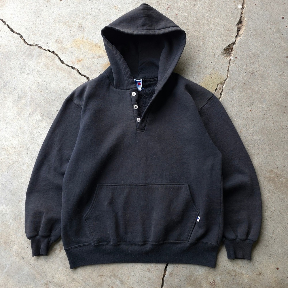 Vintage 90s Russell Athletic Black Hoodie XL Henley Button Made in USA